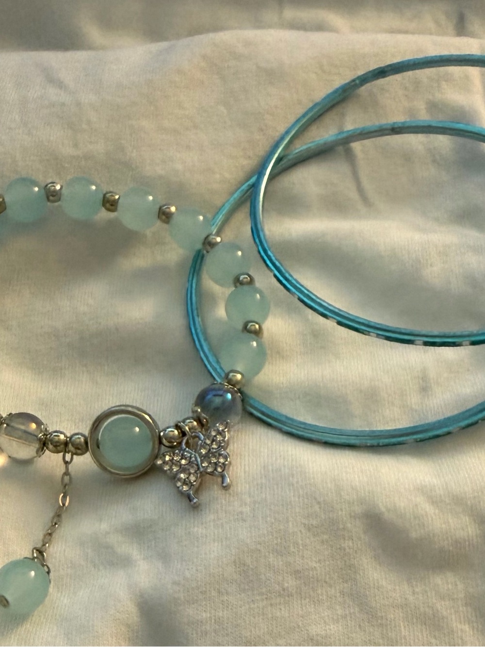 Aqua Beaded Bracelet Set with Rhinestone Butterfly Charm